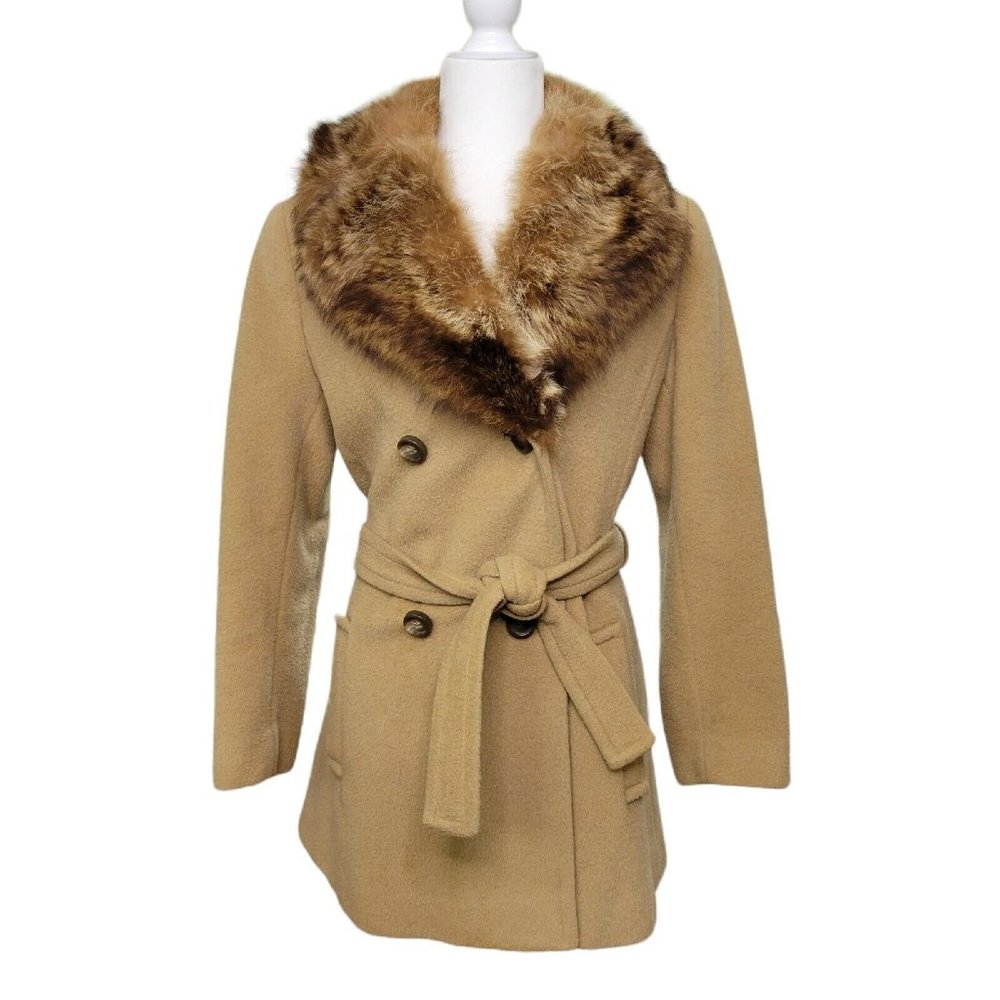 Camel Wool Blend Belted Coat with Real Fur Collar